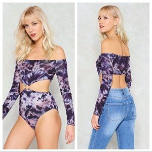 Off The Shoulder Cut-out Indigo Tie Dye Bodysuit Top XS
